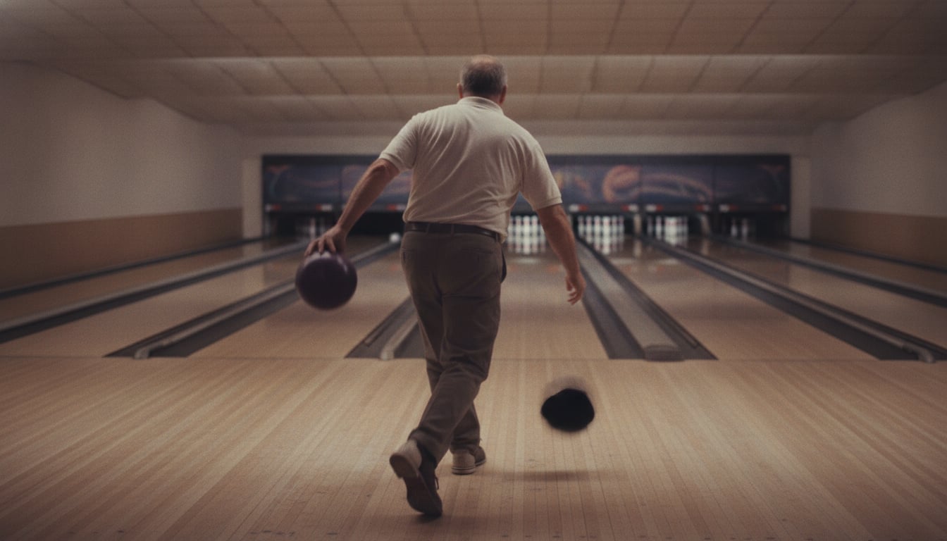 Candid documentary photo of an ordinary man in his fifties seen from behind mid-stride on a lane of a modest neighborhoo