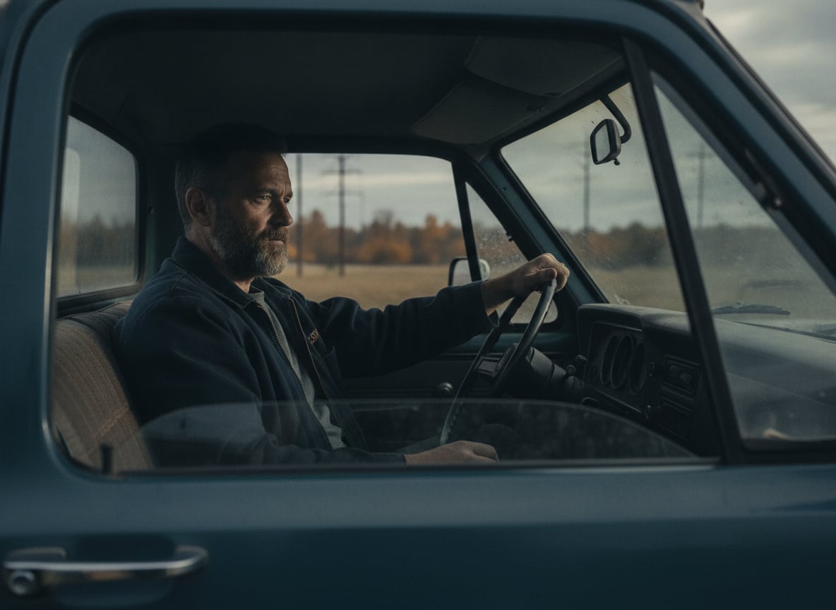 Candid documentary photo of an ordinary man in his late forties with a short salt-and-pepper beard and a navy work jacke