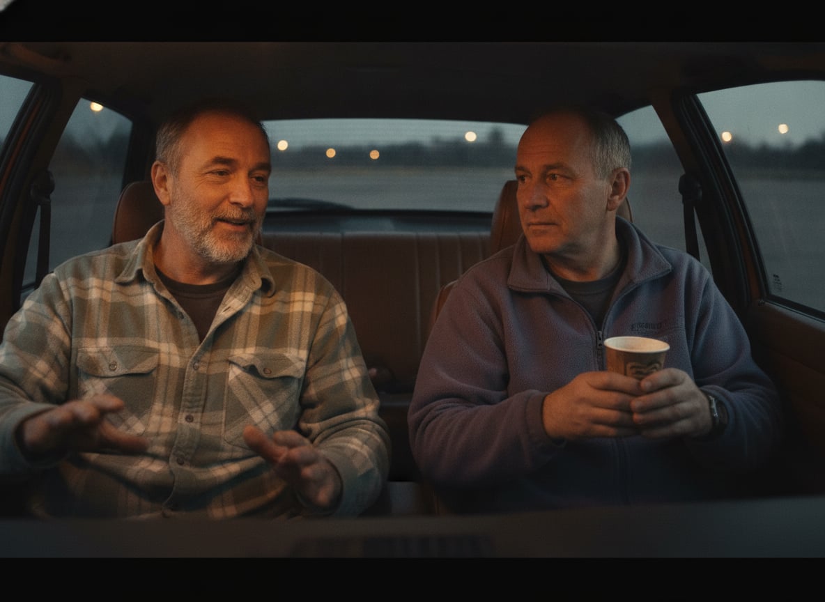 Candid documentary photo of two ordinary-looking friends in their fifties sitting in the front seats of a parked older h