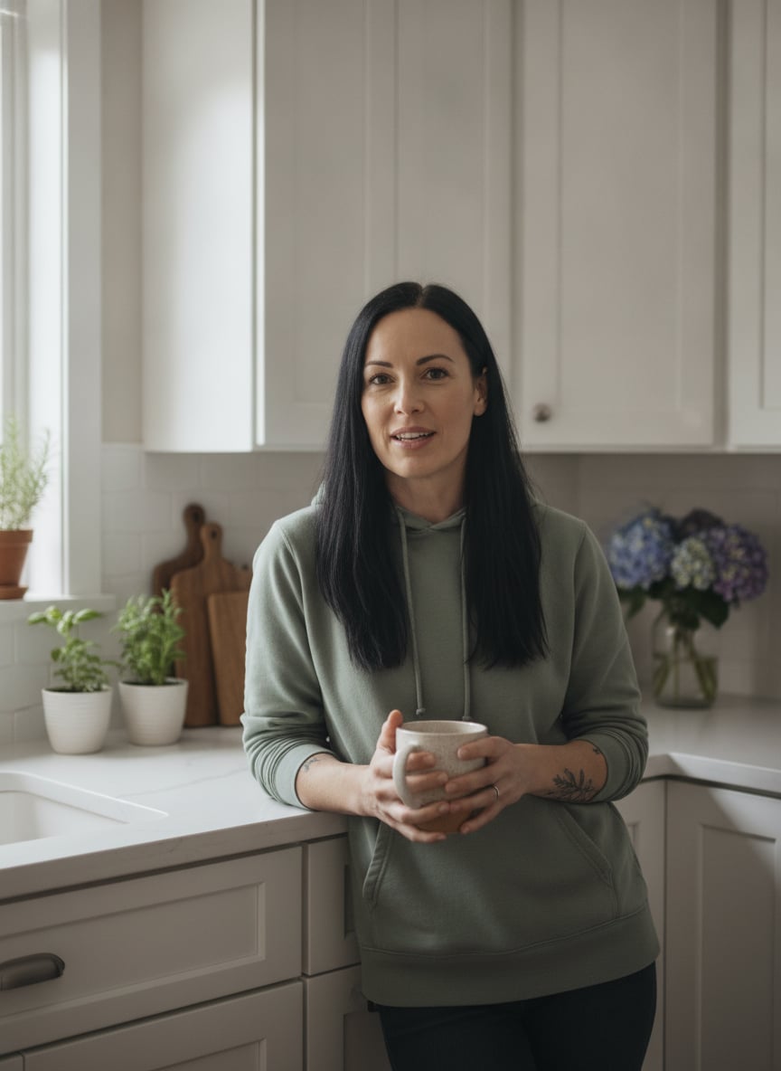 Candid documentary photo with an eye-level smartphone vlog feel of a warm, calm woman in her late thirties with fair Nor